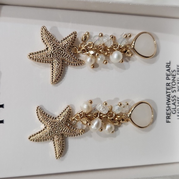 🔹 Piper k🔹Gold Starfish Freshwater Pearl Cluster Glass Stone Dangle Earrings ✨ - Picture 4 of 10